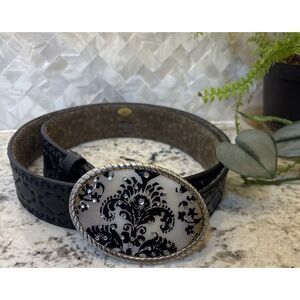 90s DL Rhein Western Cowgirl Tooled Black Leather Belt With Buckle‎ rhinestone